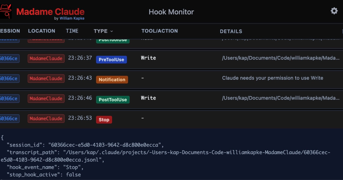 Madame Claude - Real-time Claude Code Hook Monitor