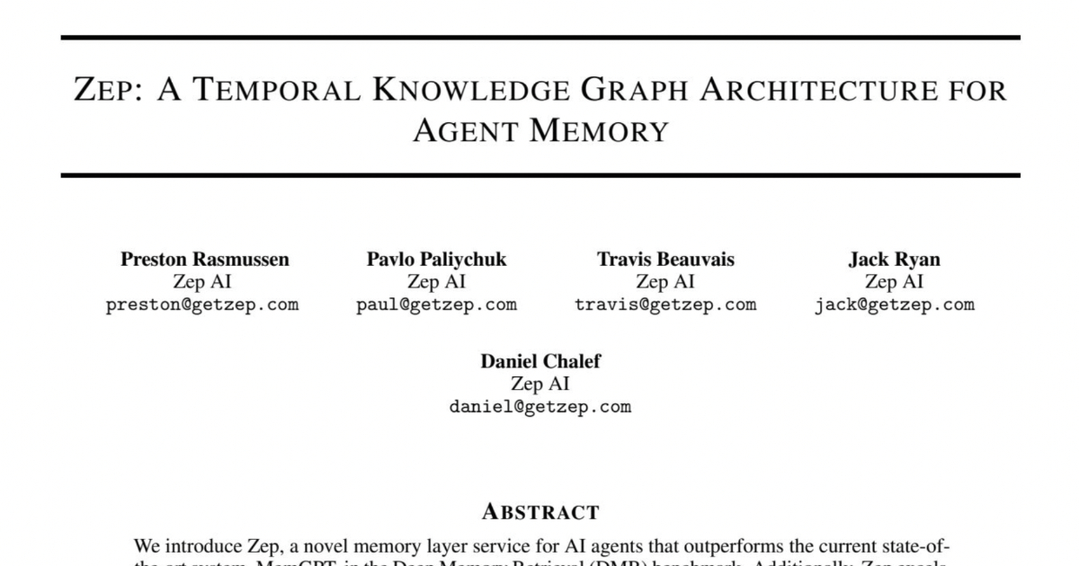 ZEP: A TEMPORAL KNOWLEDGE GRAPH ARCHITECTURE FOR AGENT MEMORY